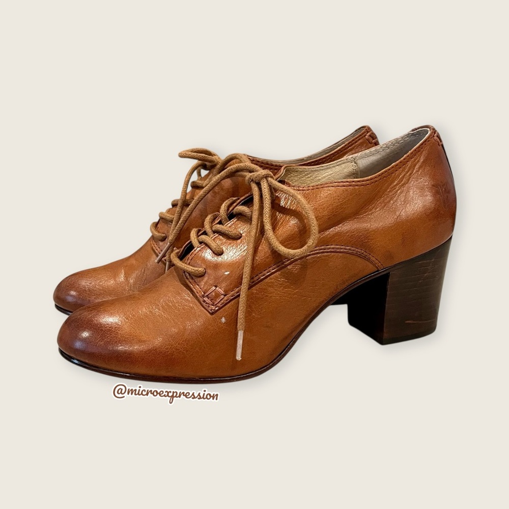 TAYLOR SWIFT Frye Carson Lace-Up Brown Cognac Leather Heeled Oxford Ankle Bootie - Picture 11 of 16